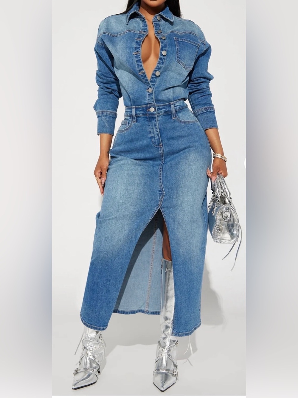 Fashion Nova Denim Maxi Dress Jacket — Blue